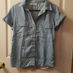 Deming like button downt-shirt with patterned back